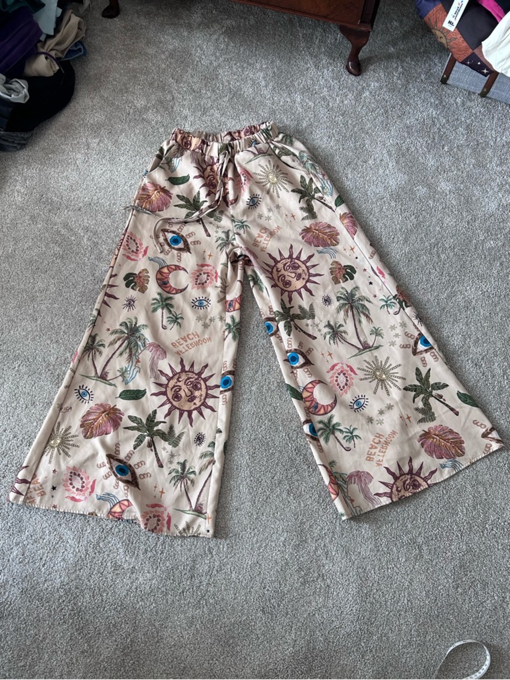 ROMWE Celestial Sun Moon Wide Leg Pants Boho Festival Flowy Palazzo Beachy - Picture 2 of 7